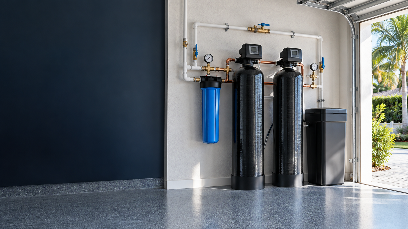 Modern whole-house water filtration system installed in a South Florida garage