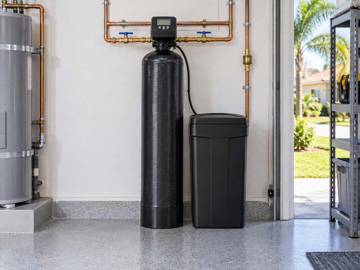 Single-tank whole-home filter and softener installed in a Florida garage